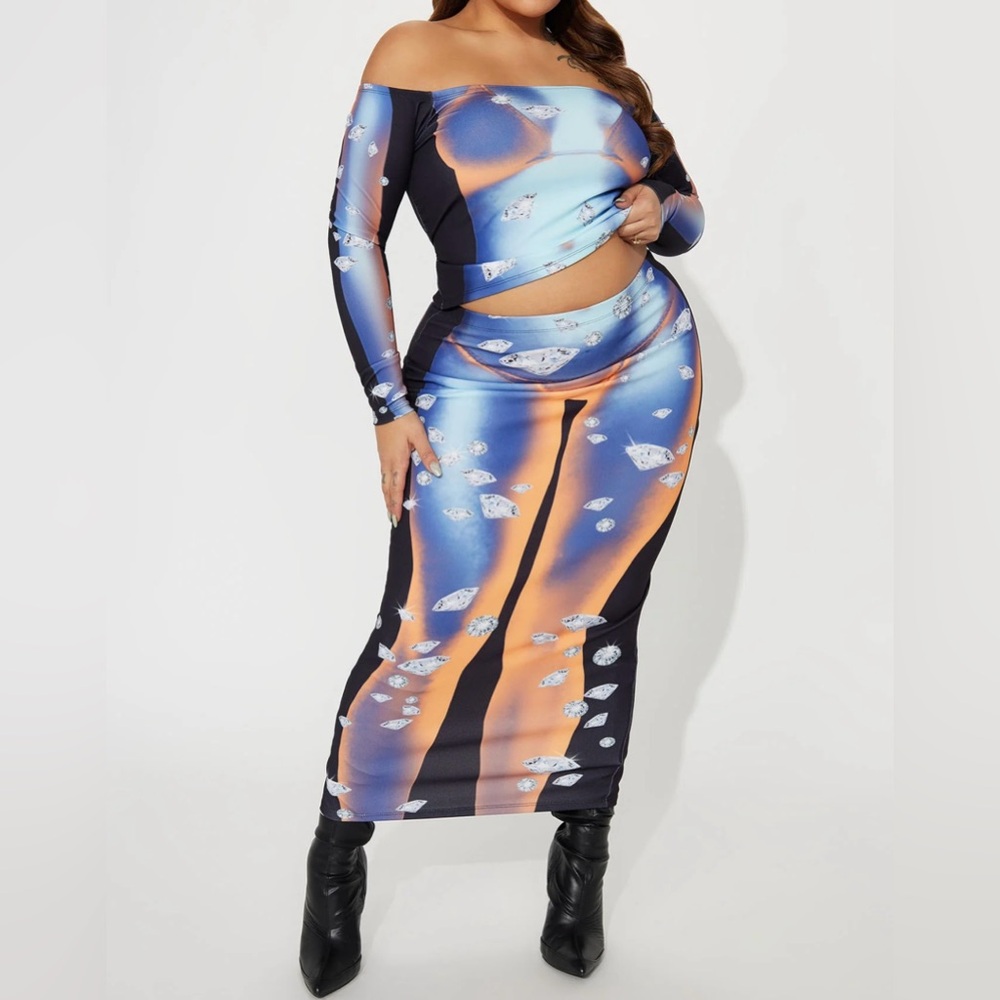 Fashion Nova Blue and Orange Long Sleeve Dress